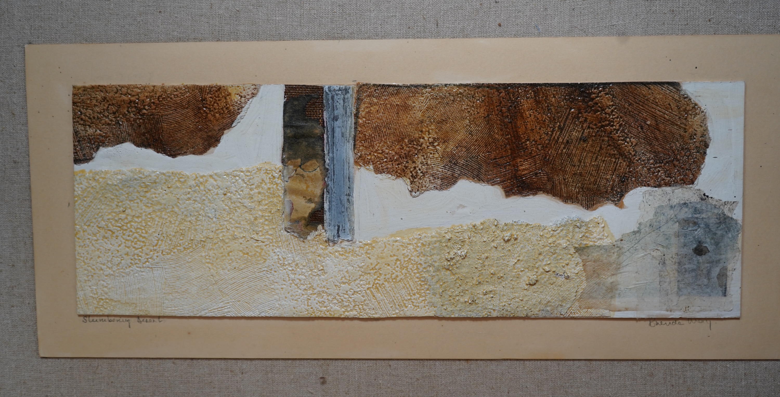 Brenda May (Modern British), a collection of three collages to include ‘On the Edge of Memory’, each signed and a collagraph print titled ‘Coastal Line, signed in pencil, largest 21 x 49cm